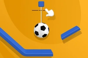 En sort-hvid fodbold hænger fra en pind på en gul baggrund med blå skiver omkring