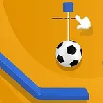 En sort-hvid fodbold hænger fra en pind på en gul baggrund med blå skiver omkring