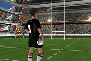 En animeret spiller i sort trøje med nummer 9 holder en rugbybold på en stor stadion med tilskuere og målstænger i baggrunden