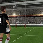 En animeret spiller i sort trøje med nummer 9 holder en rugbybold på en stor stadion med tilskuere og målstænger i baggrunden