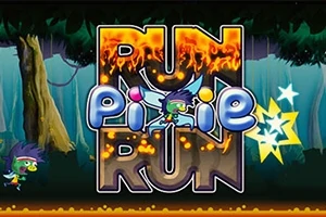 Titelbillede med teksten Run Pixie Run i en skovscene med en lille flyvende figur og stjerner