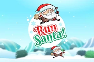 Julemanden springer med sæk og stokkearme foran teksten Run Santa!