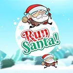 Julemanden springer med sæk og stokkearme foran teksten Run Santa!