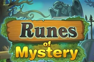 Skilt med teksten Runes of Mystery foran et mystisk landskab med et forstenet udsmykket træ og en grim statue