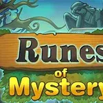 Skilt med teksten Runes of Mystery foran et mystisk landskab med et forstenet udsmykket træ og en grim statue
