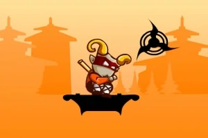 En tegneseriefigur med horn og maske står på en platform med en kastestjerne i baggrunden mod en orange farvetone, med omrids af japanske bygninger