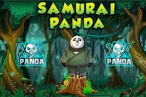 En panda klædt som samurai står på en træstub i en skov med sværd på hver side og teksten Samurai Panda ovenover