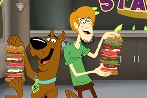 To animerede figurer, en hund og en mand, holder store sandwiches med mange lag