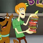 To animerede figurer, en hund og en mand, holder store sandwiches med mange lag