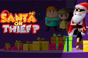 Tegneseriefigur klædt som julemand med maske, omgivet af gaver og en titel, der lyder Santa or Thief?