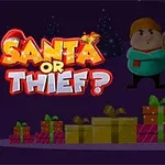 Tegneseriefigur klædt som julemand med maske, omgivet af gaver og en titel, der lyder Santa or Thief?