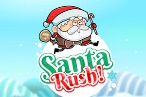 Julemanden med en sæk gaver og slikstok flyver over teksten Santa Rush!