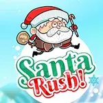Julemanden med en sæk gaver og slikstok flyver over teksten Santa Rush!
