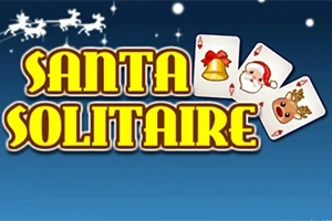 Gule bogstaver med teksten Santa Solitaire på en blå baggrund med julekort og flyvende rensdyr i snevejr