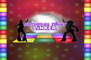 Silhuetter af to dansere foran en lysende, farverig diskokugle og dansegulv med teksten Saturday Night Linker