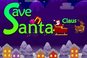 Tekst Save Santa Claus med julemanden i en slæde trukket af et rensdyr over et vinterlandskab med sneklædte træer og farverige huse