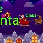 Tekst Save Santa Claus med julemanden i en slæde trukket af et rensdyr over et vinterlandskab med sneklædte træer og farverige huse