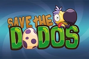 Tekst Save the Dodos med en tegneserieagtig dodo-fugl og et plettet æg på en blå baggrund