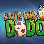 Tekst Save the Dodos med en tegneserieagtig dodo-fugl og et plettet æg på en blå baggrund
