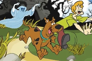 To karakterer og en hund løber i frygt fra et spøgelse i en skov
