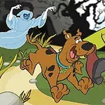 To karakterer og en hund løber i frygt fra et spøgelse i en skov