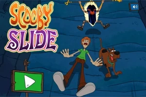 En animeret scene med en grønklædt mand og en brun hund, der ser forskrækkede ud, mens de glider ned ad en blå skråning, med en uhyggelig figur i baggrunden