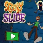En animeret scene med en grønklædt mand og en brun hund, der ser forskrækkede ud, mens de glider ned ad en blå skråning, med en uhyggelig figur i baggrunden