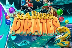 Farverigt illustreret pirattema med store bogstaver og bobler i forskellige farver