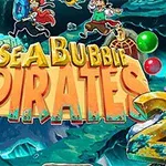 Farverigt illustreret pirattema med store bogstaver og bobler i forskellige farver