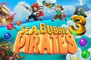 To pirater og en papegøje hopper over en farverig titeltekst på en baggrund med skyer, et skib og en ø