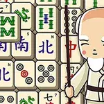 Tegnet figur af en ældre mand i traditionelt tøj med en stok, omgivet af brikker med kinesiske tegn og symboler