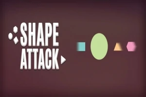 Grafik med teksten Shape Attack ved siden af flere farverige geometriske former på en mørk baggrund