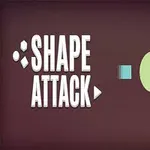 Grafik med teksten Shape Attack ved siden af flere farverige geometriske former på en mørk baggrund