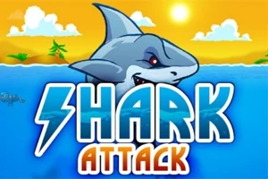 En tegneseriehaj dukker op af vandet under en solrig himmel, med teksten Shark Attack i forgrunden