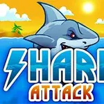 En tegneseriehaj dukker op af vandet under en solrig himmel, med teksten Shark Attack i forgrunden