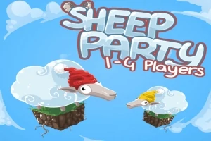 To får med huer svæver på små jordklumper i himmelen under teksten Sheep Party 1-4 Players på en blå baggrund