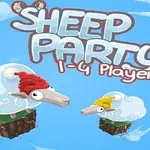 To får med huer svæver på små jordklumper i himmelen under teksten Sheep Party 1-4 Players på en blå baggrund