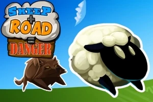 En tegneserieagtig illustration med en sortfåret får og en brun ulv på en grøn bakke, samt teksten Sheep Road Danger på kreativ baggrund
