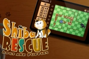 Illustration af en digital skærm med et grønt ternet brætspil og en tegnet Shiba hund ved siden af teksten Shiba Rescue