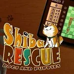 Illustration af en digital skærm med et grønt ternet brætspil og en tegnet Shiba hund ved siden af teksten Shiba Rescue