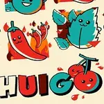 Farverige illustrationer af smilende frugter, grøntsager og bogstaverne SHUIGO 2