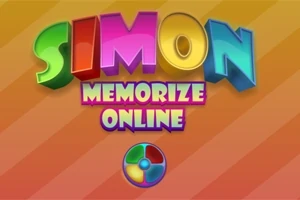 Farverige 3D-bogstaver danner ordene Simon Memorize Online på en stribet orange baggrund med et lille cirkelsymbol nedenunder