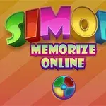 Farverige 3D-bogstaver danner ordene Simon Memorize Online på en stribet orange baggrund med et lille cirkelsymbol nedenunder