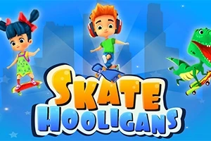 Tegnefilmfigurer på skateboards og en rulleskøjtende dinosaur med teksten Skate Hooligans på en blå baggrund