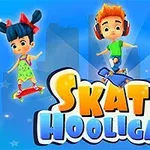 Tegnefilmfigurer på skateboards og en rulleskøjtende dinosaur med teksten Skate Hooligans på en blå baggrund