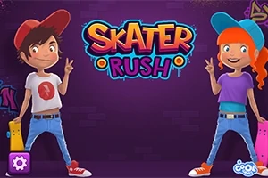 To antegninger karakterer i hip hop tøj med skateboard, der står ved siden af teksten Skater Rush på en lilla baggrund