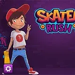 To antegninger karakterer i hip hop tøj med skateboard, der står ved siden af teksten Skater Rush på en lilla baggrund