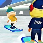 To figurer på snowboards i et vinterlandskab med den ene iført blå jakke med teksten DANGER STOP