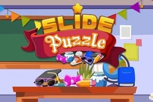 Et farverigt klasseværelse med bannere, et skrivebord fyldt med bøger, planter, briller, og sportsudstyr, samt et skilt med teksten Slide Puzzle