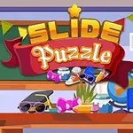Et farverigt klasseværelse med bannere, et skrivebord fyldt med bøger, planter, briller, og sportsudstyr, samt et skilt med teksten Slide Puzzle